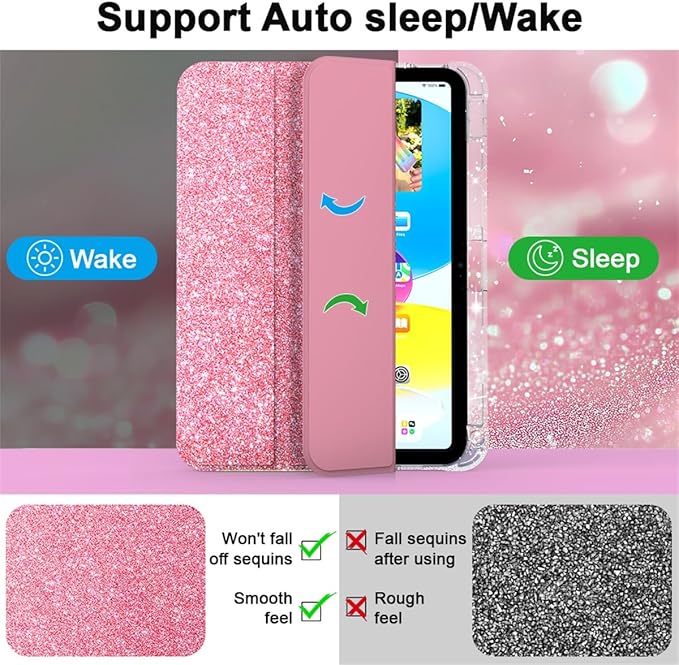 Case for iPad (A16) 11th Generation 11 inch 2025 &amp iPad 10th Generation 10.9 inch 2022 with Stand/Pencil Holder [Auto Wake/Sleep] Glitter Bling PU Leather &amp Clear Soft TPU Back Shell Pink