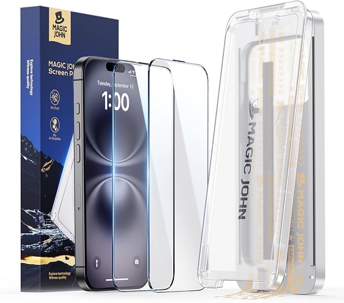 MAGIC JOHN 3rd Gen Upgraded for iPhone 15Plus/16Plus Screen Protector 6.7 Inch HD Clear Shatterproof Tempered Film Auto Dust-Elimination Bubble Free Easy Installation 2 Pack