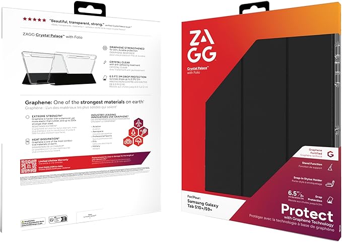 ZAGG Crystal Palace Folio Samsung Galaxy Tab S10+ / Tab S9+ Case – Crystal Clear Ultra-Slim 6.5ft Drop Protection Strengthened with Graphene Anti-Yellowing Stylus Holder Recycled Content