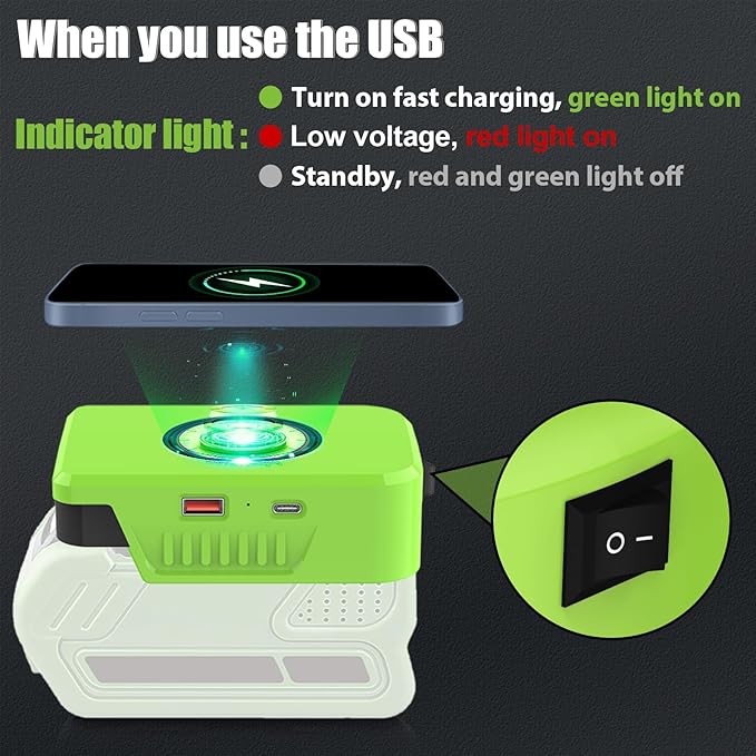 Wireless Charger for Greenworks 40V G-MAX Battery 29472 2946215W Max Wireless Charging Adapter with USB &amp Type C PortsTool Battery Phone Charger for Camping Workshop Outdoor