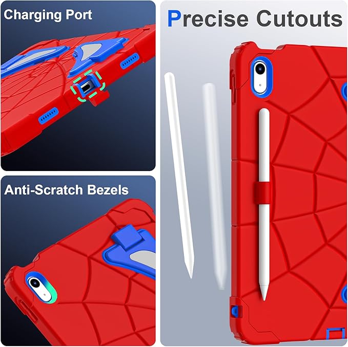 Kids Case for iPad 10th/11th Gen (10.9/11 Inch 2022/2025 A16) – Shockproof 360° Full-Body Protection Cover with Screen Protector Stand &amp Pencil Holder – Boys’ Anti-Drop Design-RED Blue