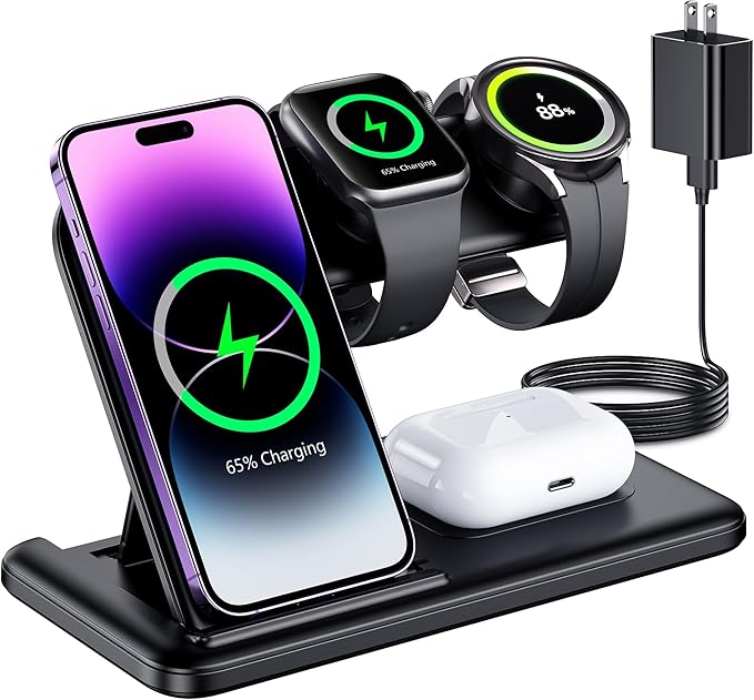 4 in 1 Wireless Charging Station for Apple and Samsung Wireless Charger Stand Magnetic for iPhone 15 14 13 12 11 Pro Max XR XS 8 Plus for Apple Watch 8 7 6 5 4 3 2 SEfor AirPods Pro 3 2