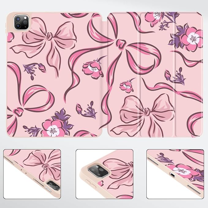 Mektron Case for M5/ M4 iPad Pro 11 inch 2025/2024 with Pencil Holder Compatible Models: A3357/A3358/A3359/A2836/A2837/A3006 Tablet Cover with Soft TPU Back CoverFlowers-Bows-Pink