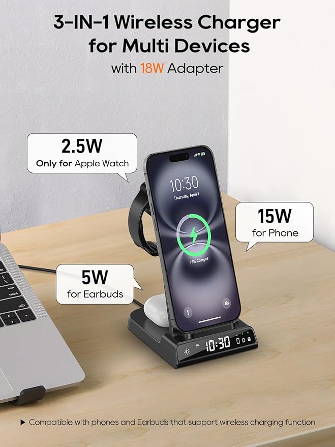 Wireless Charger for Apple Charging Station 3 in 1 Charging Station with Clock for iPhone 17/17 Pro/17 Pro Max/16/15 Series Watch Charger Stand for iWatch 10/9/8/AirPods (Adapter Included)