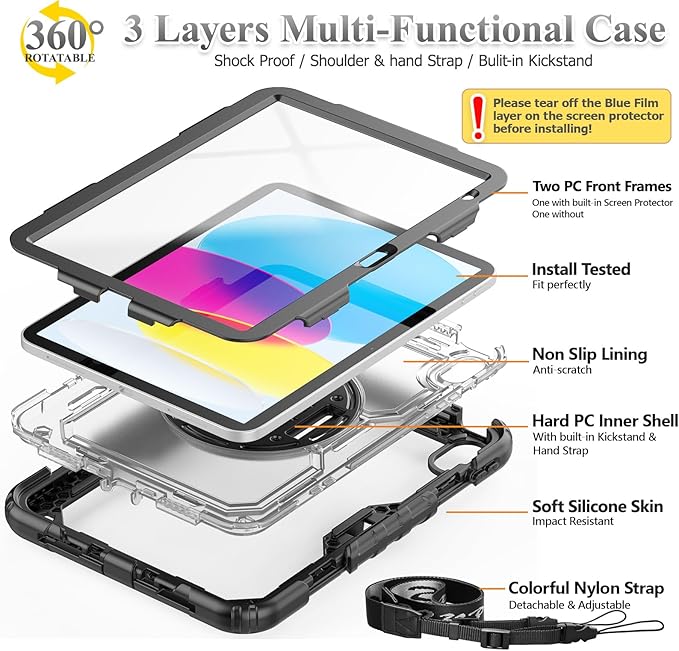 SEYMAC stock Case for iPad (A16) 11th/10th Generation 11''/10.9'' 2025/2022 Full-Body Drop Protection Case with Screen Protector &amp360° Rotate Hand Strap/Stand Transparent+Black