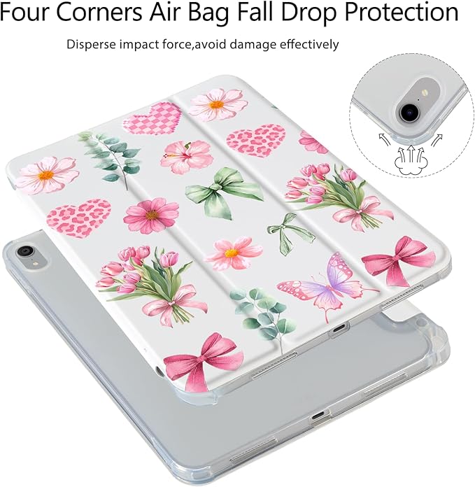Leopard Bow Floral Case for iPad Pro 13 inch (M5 2025/ M4 2024 8th/7th Gen)[Pencil Holder+Auto Sleep/Wake]Slim Trifold Stand Protective Cover with Soft TPU BackWhite