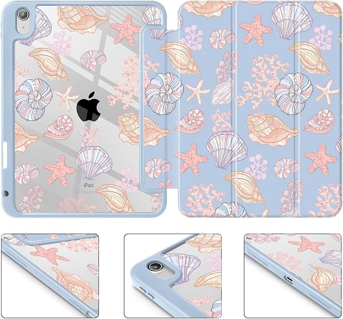 May Chen for iPad Air 11-inch M4/M3/M2 (2026/2025/2024) iPad Air 5th/4th 10.9 Inch - Shockproof Cover with Clear Back Shell &amp Penceil Holder Auto Wake/Sleep Stand Cover Seashells