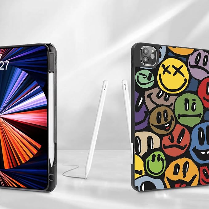 Mektron Case for M5/ M4 iPad Pro 11 inch 2025/2024 with Pencil Holder Compatible Models: A3357/A3358/A3359/A2836/A2837/A3006 Tablet Cover with Soft TPU Back Cover Smiling Face