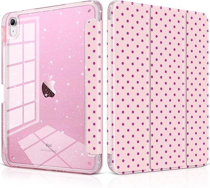 DONGKE for iPad Pro 11 inch Case – Fits M5 2025 / M4 2024 Shockproof Sparkling Glitter Acrylic Back Pencil Holder Trifold Stand Auto Sleep/Wake &amp Touch ID Support - Pink Polka Dot