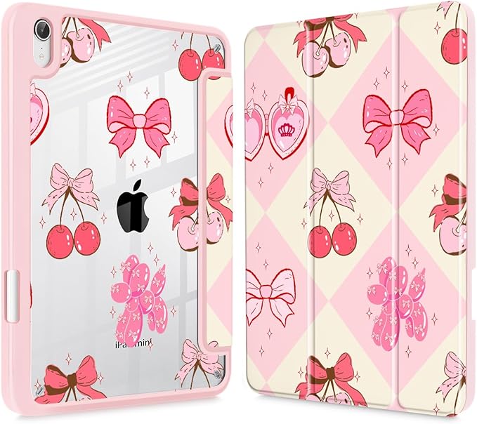 Mektron Printed Case for iPad mini 7 (A17 Pro) 2024/ Mini 6 2021 iPad mini 7th/6th Generation 8.3-inch Liquid Retina Display Cover Buit in Pencil Holder with Clear Back Shell Cherry with Bows