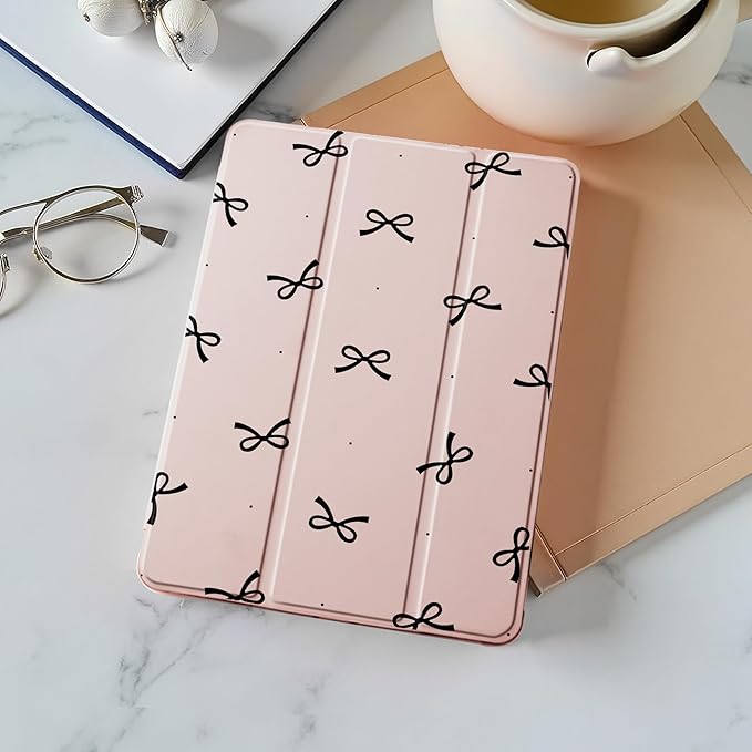 Idocolors Case for iPad 11 inch (A16 Chip) 2025 Generation 11th / iPad 10.9 inch 2022 10th Gen Built-in Pencil Holder with Soft TPU Shockproof Back Shell Auto Wake/Sleep Black Bow-Pink