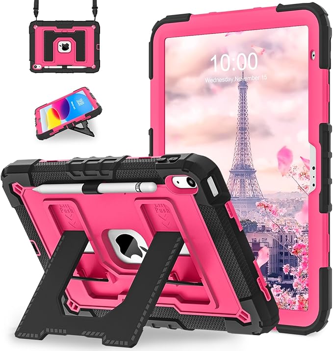 WESOROL Case for iPad A16 11th Generation 11 Inch (2025) iPad 10th Generation 10.9 Inch (2022)i Pad A16 Case Military Grade Shockproof Cases with Pencil Holder Shoulder StrapBlack Pink