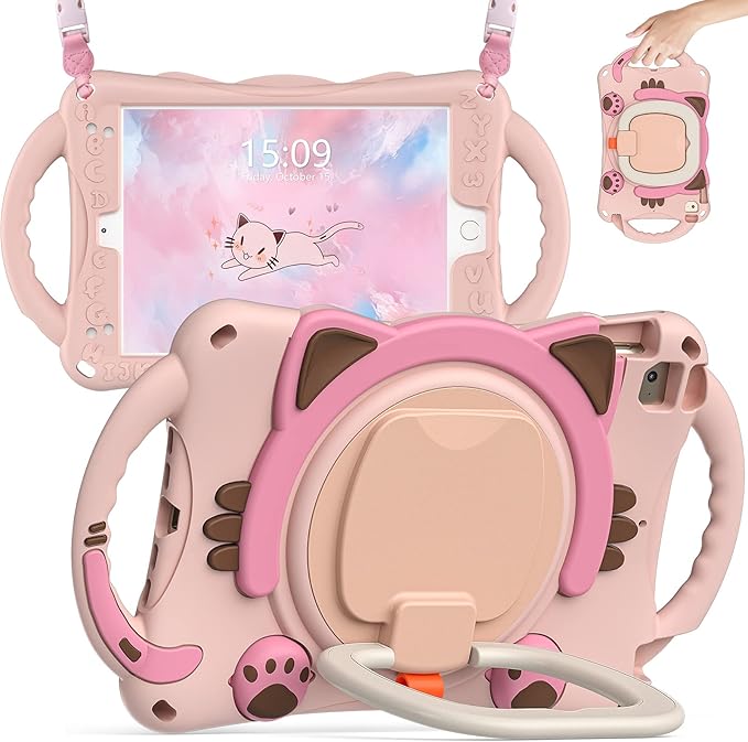 BATYUE Case for iPad mini 5/4/3/2/1 iPad mini Cover 7.9inch for Kids with Rotating Stand/Pencil Holder/Carrying Strap Non-Toxic &amp eco-Friendly Silicone ChildproofCute Cat for Kids Boys Girls (P
