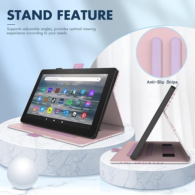 Dteck Folio Case for All-New Kindle Fire HD 10 &amp Fire HD 10 Plus Tablet 11th Generation 10.1 2021 ReleaseShockproof Protective PU Leather Case with Hand Strap Smart Stand Magnetic CoverPink Blu