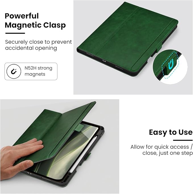 Handmade Case for iPad Air 13 Inch M4/M3/M2 (2026/2025/2024) with Pencil Holder PocketMagnetic ClosureMulti Angles StandTyping AngleFolio Protective CoverAuto Sleep/WakeGreen
