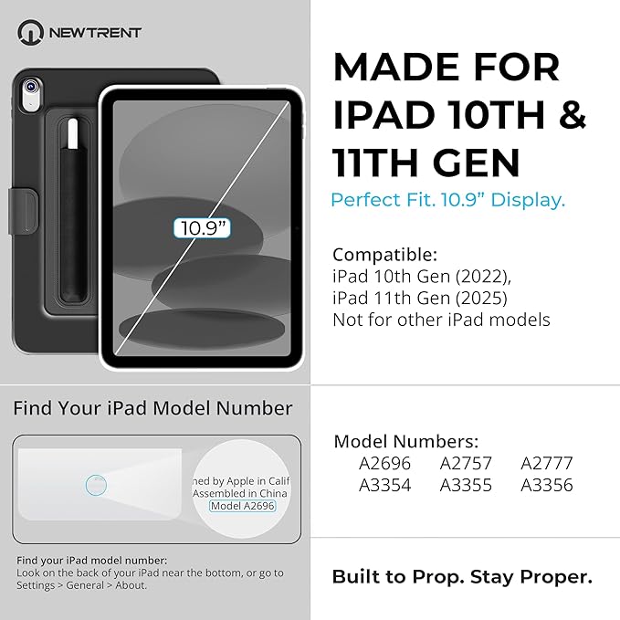 Proper iPad Case 10th &amp 11th Generation (A16) with Dual Pencil Holder - Secure Pouch + Magnetic Side - 10.9 Inch Folio Cover Multi-Angle Portrait Stand &amp Fridge Mount