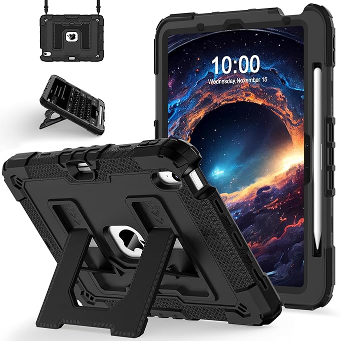 for iPad Air 11 Inch M4/M3 (2026/2025) / M2 (2024) iPad Air 5th (2022) / 4th Generation (2020) 10.9 InchMilitary Grade Shockproof iPad Case Air 11 Inch with Pencil Holder Black
