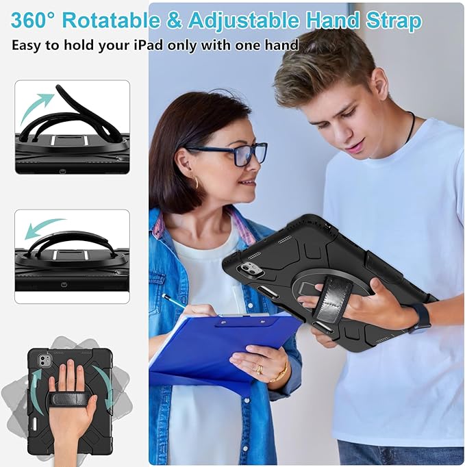Case for iPad Pro 11 M5 2025/ M4 2024: Protective Cover for iPad Pro 11 Inch 5th Generation with Screen Protector- Stand- Handle- Shoulder Strap- Pencil Holder- Black+Black