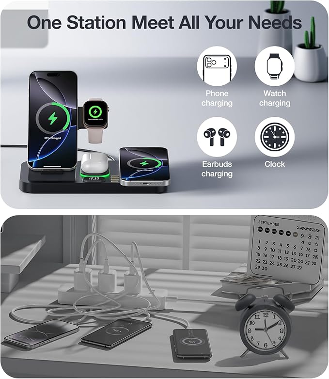 Foldable Magnetic Dual Phone Charging Station 30W Wireless Charger Stand with Clock &amp Night Light Fast Mag-Safe Charger for iPhone 17/16/15/14 Pro Max Plus Air AirPods and Apple Watch