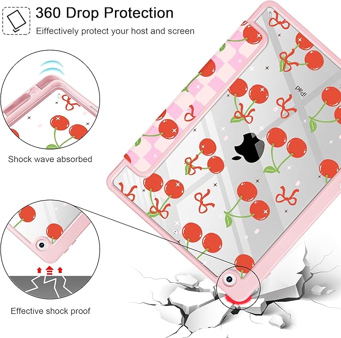 for iPad 9th Generation with Pencil Holder iPad 8th/7th Gen Case 10.2-inch [Built in Pencil Holder] Trifold Stand Auto Wake/Sleep Clear TPU Protection Back Cover Cherries and Bow