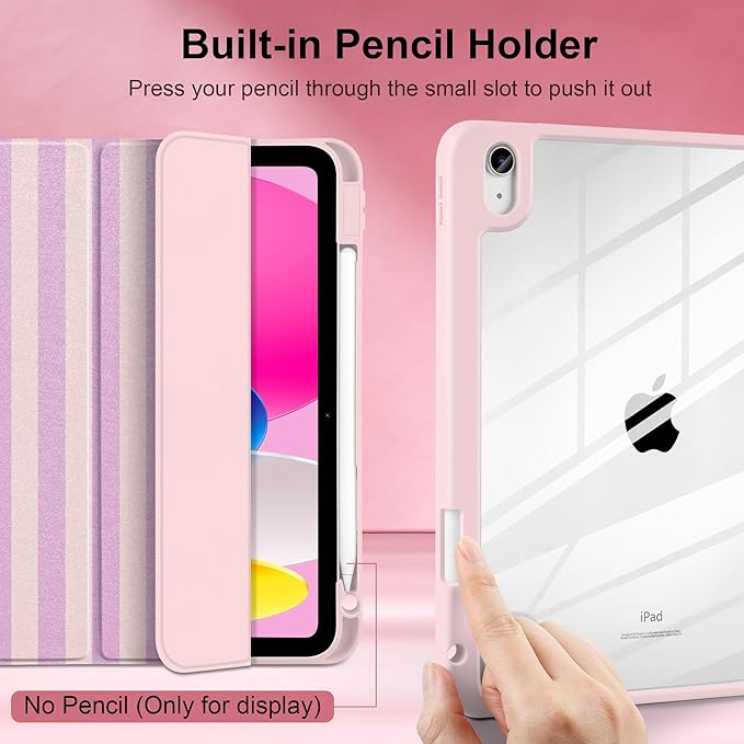 DONGKE Case for iPad (A16) 11th Generation 11 inch 2025 &amp iPad 10th Gen 10.9 inch 2022 [Built-in Pencil Holder] Clear Acrylic Back Trifold Stand Smart Cover Auto Sleep/Wake Pink Stripes