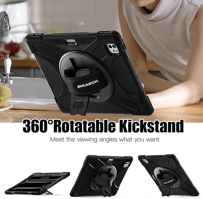 BRAECNstock for Apple iPad Pro 13 inch Case M5 2025 / M4 2024 Shockproof Protective with Pencil Holder [360 Rotating Hand Strap &amp Stand] Shoulder Strap Case for iPad Pro 13 Black