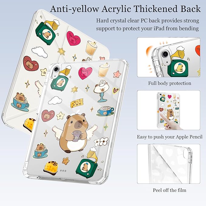 Cute Kawaii Capybara for iPad Air5/Air4 Case with Pencil Holder Auto Sleep/Wake White Leather Acrylic Back Detachable Cover for iPad 10.9 Inch 2022/2020