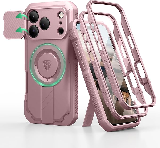 Dexnor for iPhone 17 Pro Case [2 Front Frame &amp Built-in Flip Camera Cover &amp Kickstand] Compatible with MagSafe Heavy-Duty Shockproof Portection Case with Screen Protector 6.3 inch Peony Pi