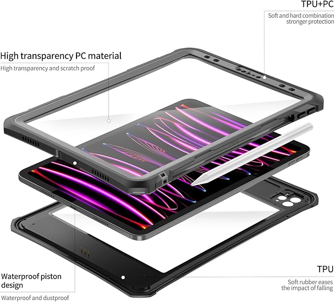 Compatible with iPad Pro 11-inch 4th/3rd/2nd Generation IP68 Waterproof Case A2759 A2761 A2435 w/Pencil Holder Kickstand Lanyard Shock-Proof Full-Sealing Cover Compatible with Magic Keyboard