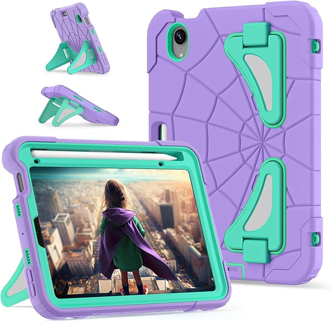Kids Case for iPad mini 7 A17 Pro 2024/ Mini 6 8.3 inch Spider Case for iPad mini 7th 6th Generation Shockproof Durable Full Protective Cover with Pencil Holder Kickstand (Purple)
