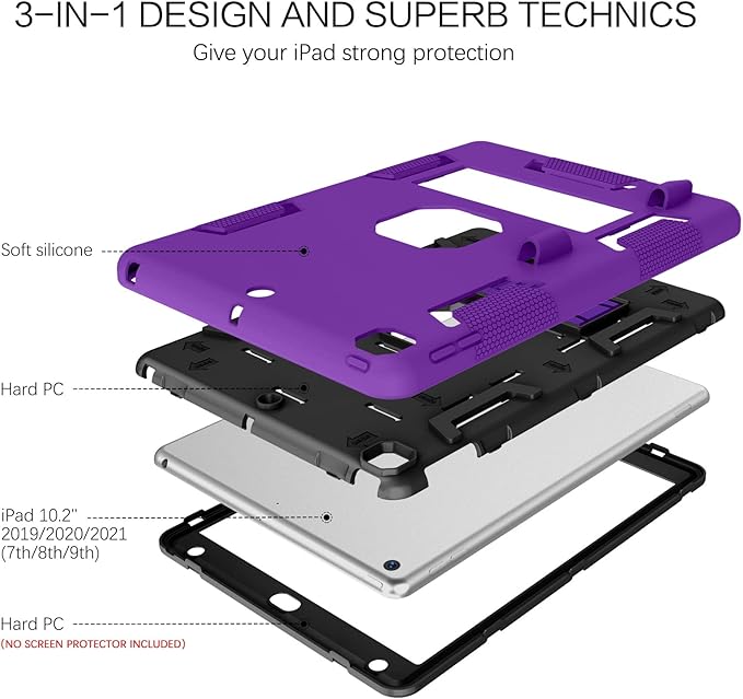 BENTOBEN iPad Case (9th/8th/7th Gen) 10.2-inch 2021/2020/2019 Heavy Duty Rugged Shockproof Protective Cover with Stand Pencil Holder C Purple