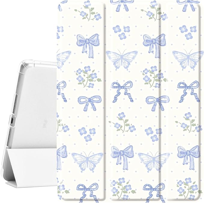 Idocolors Cute Kawaii Blue Bow Butterfly Pad Case for 12.9 Inch iPad Pro 2022/2021/2020/2018 Clear TPU Smart Stand Back Cover with Pencil Holder Auto Wake/Sleep Case for Women Girls