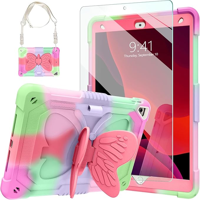 Ambison Case for iPad 9th/8th/7th Generation 10.2 inch with Glass Screen Protector Rugged Shockproof Protective Cover for Kids Girls Butterfly Stand Shoulder Strap for iPad 2021/2020/2019-Rose Red