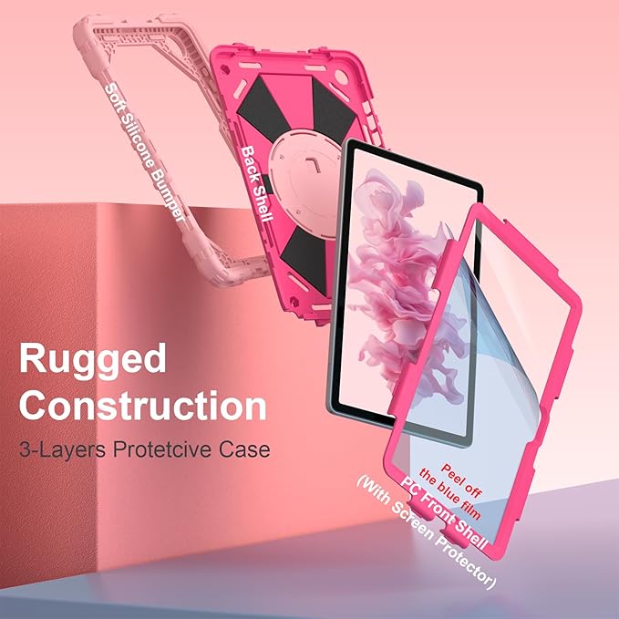 for Samsung Galaxy Tab A11 Plus/A9+ Case 2025/2023 11 Inch Rugged Galaxy Tab A11+ Case Samsung A9 Plus Tablet Cover with 360 Rotating Stand Hand Strap Shoulder Strap Screen ProtectorRosePink