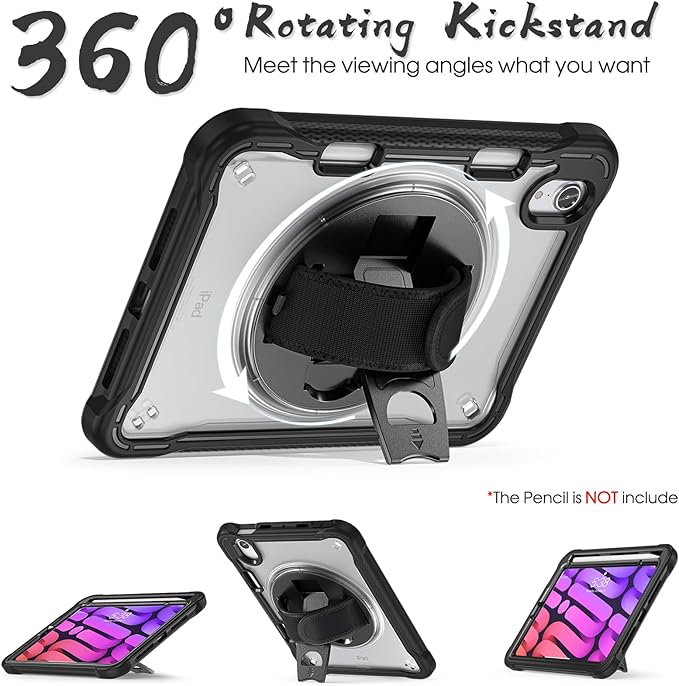 BRAECNstock Case for iPad mini 7 (A17 pro) 2024 &amp Mini 6 2021 8.3-inchShockproof Protective Cover with Pencil HolderScreen Protector360° Rotating Hand Strap/Stand-Black
