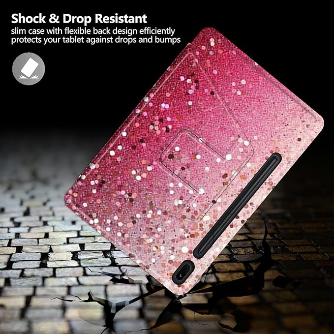 Case for Samsung Galaxy Tab S8 Plus 2022/S7 FE 2021/S7 Plus 2020 12.4 Inch Pink Glitter Theme 360 Degree Rotating Stand Smart Protective Cover for Samsung S7 FE Tablet