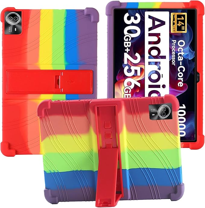 for Urao G140L 14 Inch Tablet CaseBOVUGAC Soft Silicone Adjustable Stand Shockproof Kids Friendly for Higrac G140L 14 Tablet(Rainbow)
