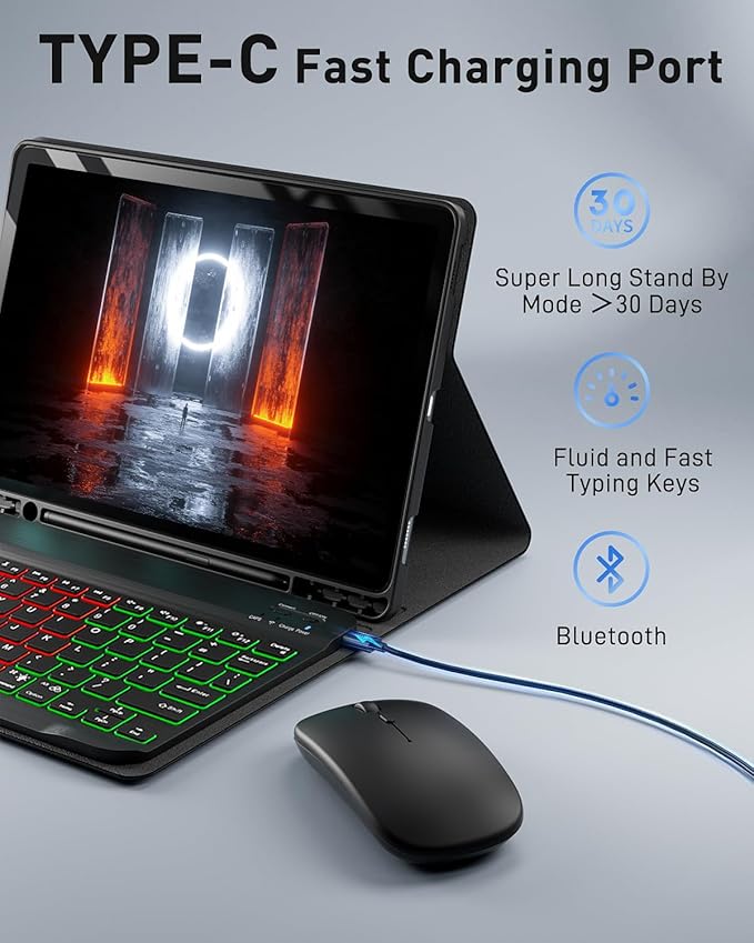 Case Keyboard for Samsung Galaxy Tab S11 Ultra / S10 Ultra / S9 Ultra / S8 Ultra 14.6 inch Cover - 7 Color Rainbow Change Backlit Detachable Magnetic Keyboard with S Pen Holder with Mouse - Black