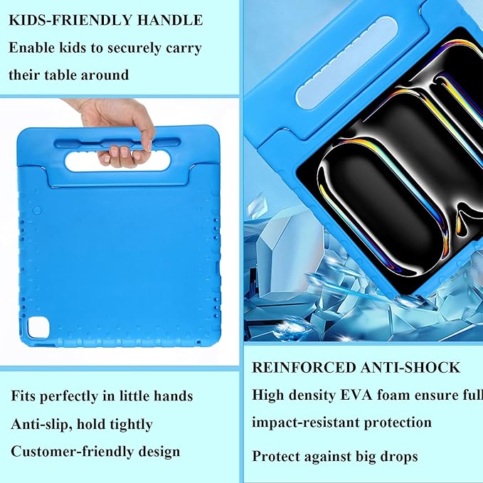 Kids Case for iPad Air 13-inch M3/M2 &amp iPad Pro 13 inch Case M5/M4 (2025/2024) with Pencil Holder/Kickstand Lightweight Convertible Handle Stand EVA Shockproof Rugged Protective Cover Blue