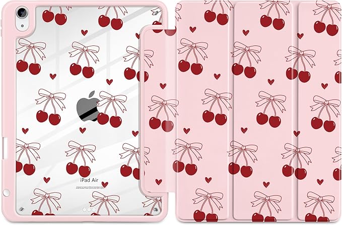 DONGKE Case for iPad Air 11-inch M4 2026 &amp M3 2025 &amp M2 2024 iPad Air 5th/4th Generation 10.9 2022/2020 [Built-in Pencil Holder] Clear Acrylic Back Trifold Stand Smart Cover Cherry &amp H