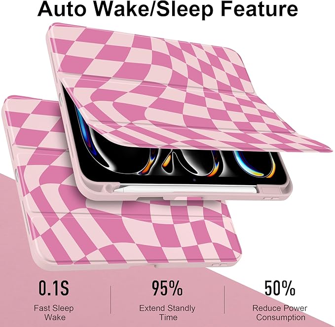 TWOLSKOO Case for iPad Pro 11-inch (M5 2025 / M4 2024) Clear Acrylic Back with TPU Bumper Pencil Holder Trifold Stand Auto Sleep/Wake Pink Wavy Checker