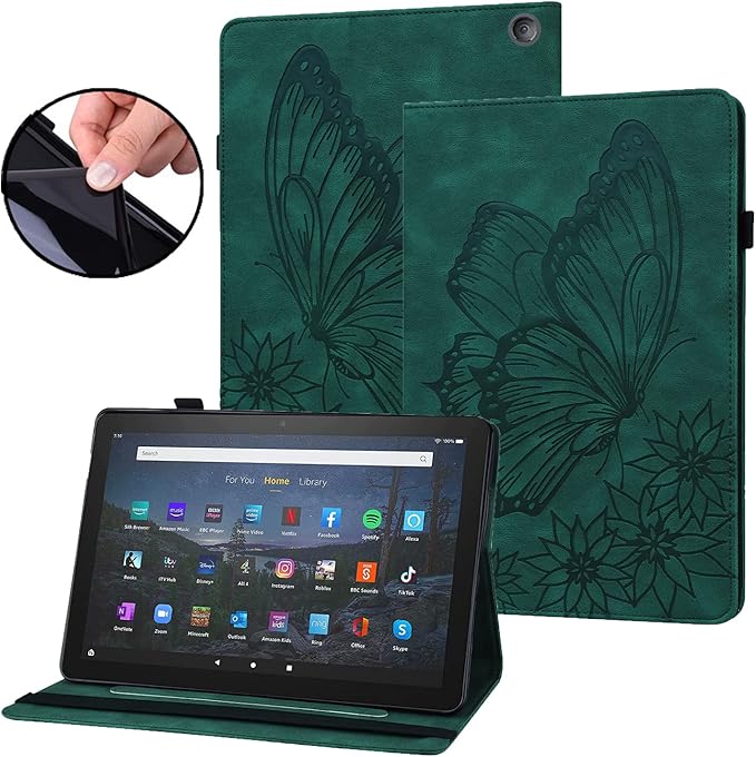 for Amazon Kindle Fire HD 10 &amp HD 10 Plus Case 13th/11th Generation 10.1 inch (2023/2021) Folio Stand Embossed PU Leather Wallet Cover with Pencil Holder/Card Pockes Green Flower Butterfly