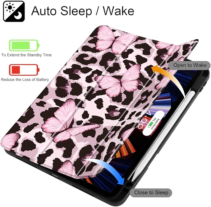 Mektron Case for M5/ M4 iPad Pro 11 inch 2025/2024 with Pencil Holder Compatible Models: A3357/A3358/A3359/A2836/A2837/A3006 Shockproof Cover Clear Shell Leopard Pink Butterfly