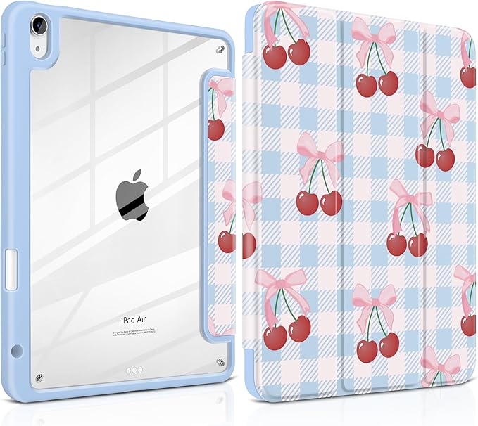 DONGKE Case for iPad Air 11-inch M4 2026 &amp M3 2025 &amp M2 2024 iPad Air 5th/4th Generation 10.9 2022/2020 [Built-in Pencil Holder] Clear Acrylic Back Trifold Stand Smart Cover Blue Cherry