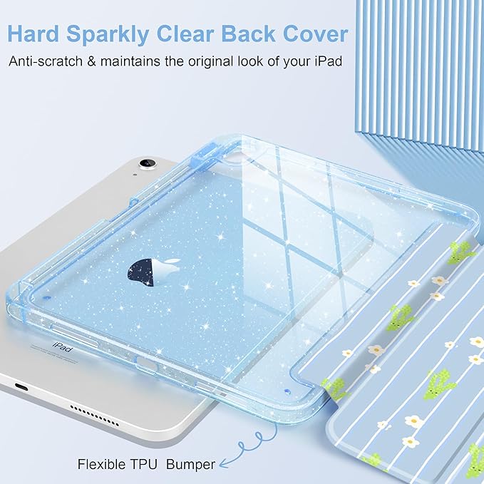 MEEgoodo Case for iPad A16 11th Generation 2025/10th Generation 2022 Glitter Tablet Cases with Transparent Acrylic Back+Trifold Stand +Pencil Holder+Auto Wake/SleepCute &amp Cheerful Asparagus