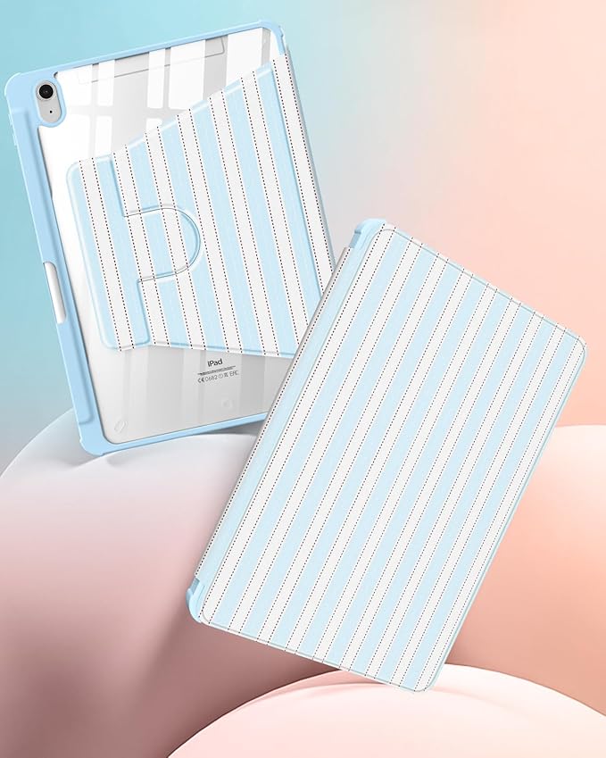 for iPad A16 Case for iPad 10th Generation Case 10.9 inch - 360 Degree Rotating Stand Folio Smart Cover with Pencil Holder for Women Girls Blue &amp White Stripes for Apple 10th 2022/11th 2025