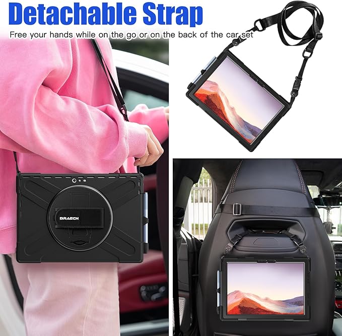 BRAECNstock Silicone Case for Microsoft Surface Pro 7+ Plus/Pro 7/6/5/4 12.3 inch Shockproof Rugged Cover with Screen Protector 360° Rotating Hand Strap + Stand Pen Holder Shoulder Strap Black