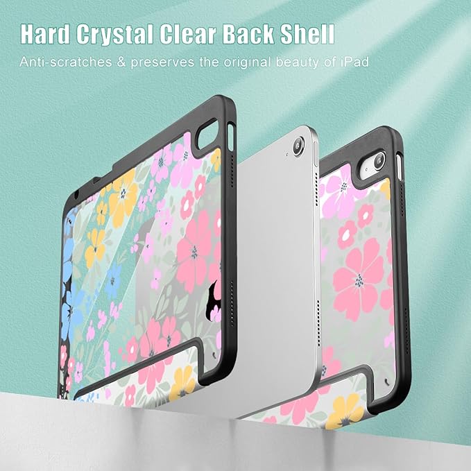 May Chen Case for iPad Air 13 Inch M4 2026 M3 2025 M2 2024 [Built-in Pencil Holder] Shockproof Cover with Clear Transparent Back Shell Auto Sleep/Wake Cover Wild Flowers