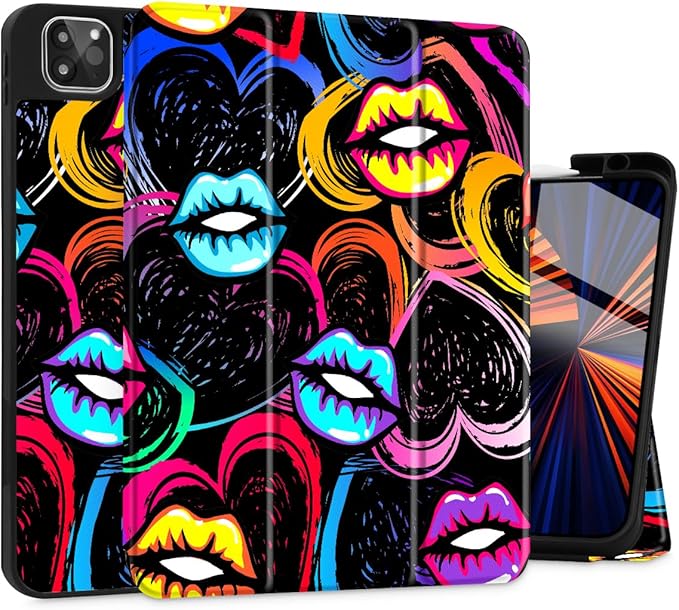 Mektron for iPad Pro M2 11-inch 4th/ 3rd/ 2nd/ 1st Gen Case 2022 2021 2020 2018 with Pencil Holder Tablet Cover with Soft TPU Back Cover for 11 inch iPad Pro Colorful Lips