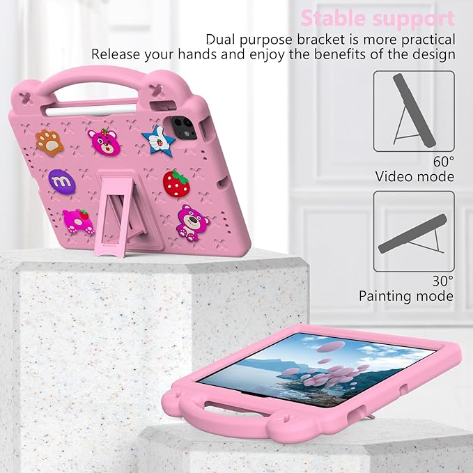 Dteck Case for iPad Air 5th/4th Gen 10.9 2022/2020iPad Pro 11 inch 4th/3rd/2nd/1st GenStrawberry Panda Shockproof Rugged Lightweight Convertible Handles Stand Kids Friendly Pencil Holder CasePink